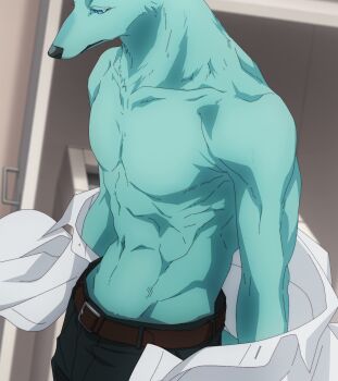 anime_screenshot belt blue_fur changing collared_shirt dog_boy furry furry_male hidaka_tsunagu kimi_to_koete_koi_ni_naru muscular muscular_male pants shirt solo stitched third-party_edit topless_male