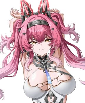 1girl alternate_breast_size_(larger) arms_up black_bow bow breasts breasts_apart closed_mouth collarbone commentary cropped dakimakura_(medium) earrings fingernails gradient_hair hair_between_eyes hair_bow hair_ornament hairband headgear highres hiroki_(hirokiart) jewelry large_breasts long_hair looking_at_viewer lupa_(wuthering_waves) metal_hairband multicolored_hair multiple_hair_bows pink_hair red_pupils simple_background smile solo torn_clothes twintails unfinished white_background wuthering_waves yellow_eyes