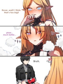 1boy 1girl absurdres bait_and_switch bare_shoulders barefoot black_hair black_jacket blonde_hair blue_eyes blush cartethyia_(wuthering_waves) commentary dorahdew ear_wiggle earrings english_commentary english_text feet fleurdelys_(wuthering_waves) floating_earrings grey_shirt highres jacket jewelry long_hair necklace paid_reward_available parted_lips pointy_ears purple_eyes red_shoes shirt shoes sidelocks simple_background smoke sweat toes transformation white_background wuthering_waves yellow_eyes