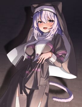 1girl absurdres animal_ears black_dress black_veil blush breast_curtains breasts buddhist_nun cat_ears cat_girl cat_tail dress highres hololive large_breasts long_hair long_sleeves looking_at_viewer nekomata_okayu nun open_mouth pelvic_curtain pink_hair purple_eyes smile solo tail thighhighs traditional_nun veil virtual_youtuber white_thighhighs woogi_(duguddnr)