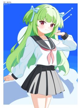 1girl 96du_water :3 absurdres alternate_costume black_sailor_collar black_skirt blue_bow blue_sky blunt_bangs blunt_ends blush border bow chinese_commentary closed_mouth cloud commentary_request contrail cowboy_shot cumulonimbus_cloud dated day green_hair hair_bow hair_intakes hand_up highres hime_cut long_hair long_sleeves looking_at_viewer miniskirt murasame_(senren) neckerchief outdoors outside_border pleated_skirt red_eyes red_neckerchief sailor_collar school_uniform senren_banka serafuku shirt sidelighting sidelocks signature skirt sky smile solo two_side_up very_long_hair white_border white_shirt