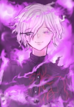 1boy black_background closed_mouth colored_eyelashes eyebrows fire hair_over_one_eye heterochromia highres looking_at_viewer male_focus multicolored_eyes pink_background pink_eyes pink_fire shion_(hundred_line) simple_background smile solo solo_focus the_hundred_line_-last_defense_academy- upper_body white_eyes white_hair