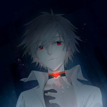 1boy black_choker choker cropped_torso dsprite23 evangelion:_3.0_you_can_(not)_redo highres looking_at_viewer male_focus nagisa_kaworu neon_genesis_evangelion portrait rebuild_of_evangelion red_eyes solo white_hair