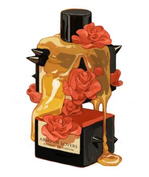ad bottle cosmetics dripping english_text floating flower honey label liquid no_humans object_focus original perfume_(cosmetics) perfume_bottle red_flower red_rose rose sachin_teng simple_background spikes white_background