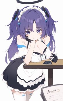 1girl absurdres alternate_costume apron bare_shoulders black_dress black_gloves black_halo blue_archive blue_eyes blue_hair breast_rest breasts breasts_on_table cleavage closed_mouth commentary_request detached_sleeves diieru dress enmaided frilled_apron frills gloves hair_ornament halo head_rest highres large_breasts long_hair looking_at_viewer maid maid_apron maid_headdress menu simple_background solo thighhighs thighs triangle_hair_ornament two_side_up waist_apron white_background white_headdress white_thighhighs yuuka_(blue_archive)