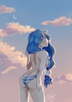 1girl absurdres androura bikini blue_hair breasts cloud crescent_moon dana_iclucia from_behind hair_over_breasts hand_on_own_leg hand_up highres light_blush looking_at_viewer looking_back moon nipples non-web_source open_mouth sideboob signature star_(sky) striped_bikini striped_clothes swimsuit topless_female ys ys_viii:_lacrimosa_of_dana