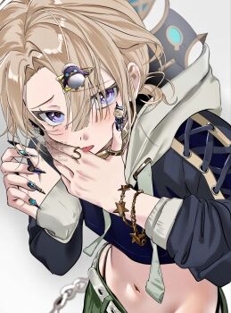 Rule 34 | 1boy, alternate costume, bird, blonde hair, blue eyes, blush, bracelet, commentary request, eyes visible through hair, fingernails, freckles, freminet (genshin impact), genshin impact, grey background, hair between eyes, hair intakes, hair ornament, hairclip, highres, hood, hoodie, jewelry, layered clothes, long fingernails, looking at viewer, male focus, multiple bracelets, multiple rings, nail polish, navel, parted bangs, penguin, ponytail, ring, sahi00000, short ponytail, solo, tongue