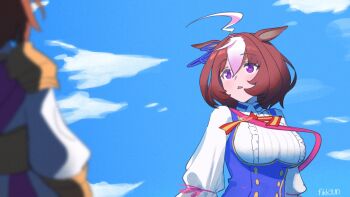 2girls ahoge animal_ears bag blue_dress blue_sky blush bow breasts brown_hair cape double-parted_bangs dress ear_ribbon fikkyun hair_between_eyes hairband highres horse_ears horse_girl large_breasts long_sleeves meisho_doto_(turbulent_blue)_(umamusume) meisho_doto_(umamusume) multicolored_hair multiple_girls open_mouth orange_hair parted_lips pink_cape pink_hairband purple_eyes shirt short_hair shoulder_bag sky solo_focus t.m._opera_o_(o_sole_suo!)_(umamusume) t.m._opera_o_(umamusume) two-tone_hair umamusume upper_body white_dress white_hair white_shirt