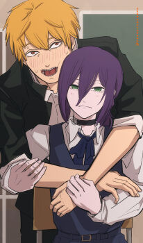1boy 1girl absurdres belt black_choker black_dress black_jacket black_pants blonde_hair blush chainsaw_man chair choker denji_(chainsaw_man) dress gakuran grenade_pin hair_between_eyes hetero highres hug hug_from_behind indoors jacket katamotokizami long_hair_between_eyes looking_at_viewer on_chair pants pinafore_dress purple_hair reze_(chainsaw_man) school_uniform sharp_teeth sitting sleeveless sleeveless_dress sweatdrop teeth