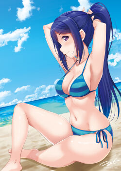 Rule 34 | 1girl, armpits, barefoot, bikini, blue hair, blue sky, breasts, cleavage, cloud, day, dutch angle, halterneck, highres, hino minato (spec.c), holding, holding own hair, long hair, looking at viewer, love live!, love live! sunshine!!, matsuura kanan, medium breasts, ocean, outdoors, ponytail, profile, purple eyes, side-tie bikini bottom, sitting, sky, solo, string bikini, striped bikini, striped clothes, swimsuit