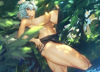 1girl ? abs bad_id bad_twitter_id black_hairband black_leotard blue_hair blush breasts convenient_censoring eula_(genshin_impact) genshin_impact hair_ornament hairband large_breasts leaf leaf_censor leotard medium_hair melon22 purple_eyes revision sidelocks solo_focus thighs tree undressing wading water