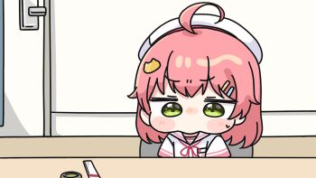 1girl ahoge beret blush blush_stickers chibi cup door green_eyes hair_ornament hairclip hat hololive indoors looking_down mochimiko neck_ribbon nose_blush pink_hair red_ribbon ribbon sailor_collar sakura_miko sakura_miko_(school_uniform) school_uniform serafuku shirt short_sleeves small_sweatdrop solo sweat table upper_body v-shaped_eyebrows virtual_youtuber white_hat white_sailor_collar white_shirt yunomi yurie_mouth