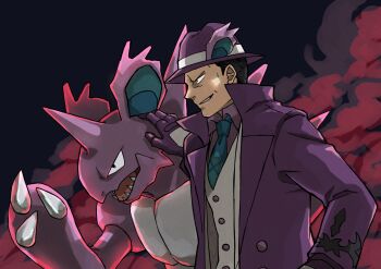 1boy blouse buttons claws coat collared_coat collared_shirt commentary_request from_side gen_1_pokemon giovanni_(pokemon) giovanni_(sygna_suit)_(pokemon) gloves green_necktie hand_on_another's_head hand_up hat highres male_focus necktie nidoking nintendo official_alternate_costume oyu_no_mizuwari parted_lips pokemon pokemon_masters_ex popped_collar purple_coat purple_gloves purple_headwear purple_shirt shirt smile smirk team_rocket vest white_vest