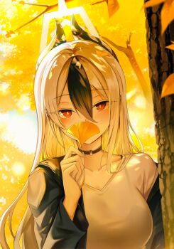 1girl alternate_hairstyle autumn autumn_leaves black_choker black_hair black_horns blue_archive blush breasts choker closed_mouth demon_horns grey_halo hair_between_eyes hair_down halo highres holding holding_leaf horns kayoko_(blue_archive) leaf leehong_studio long_hair long_sleeves looking_at_viewer multicolored_hair red_eyes shirt solo tree two-tone_hair v-neck white_hair white_shirt