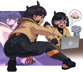 1girl ass ass_focus black_bodysuit black_hair blush bodysuit bodysuit_under_clothes breasts brown_jacket closed_mouth computer dark-skinned_female dark_skin desk emma_(pokemon) english_text espurr feet gen_6_pokemon hair_ornament highres holding holding_poke_ball jacket laptop lipstick makeup mega_stone nintendo open_mouth peach_emoji poke_ball poke_ball_(basic) pokemon pokemon_(creature) pokemon_legends:_z-a purple_background purple_eyes short_hair simple_background smile solo_focus white_background yamouri