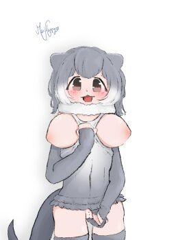 :d absurdres animal_ears blush breasts breasts_out censored clothes_pull fingerless_gloves fur_collar gloves grey_hair grey_one-piece_swimsuit highres kemono_friends kemono_friends_3 maxhappy multicolored_hair navel one-piece_swimsuit open_mouth otter otter_ears otter_girl otter_tail short_hair small-clawed_otter_(kemono_friends) smile swimsuit tail thighhighs white_hair