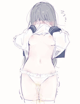 1girl blush bow bow_panties breasts clothes_lift commentary covered_face covering_face cowboy_shot grey_hair hanamari_(siii_siii15) hands_up highres large_breasts lifting_own_clothes lingerie long_hair long_sleeves navel nipples no_bra no_pants original panties pee peeing peeing_self purposeful_wetting school_uniform shirt shirt_lift simple_background solo standing stomach straight_hair underwear untranslatable_commentary white_background white_panties white_shirt