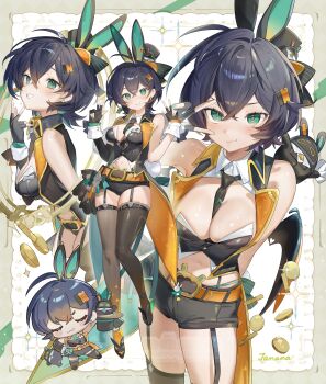 1girl :3 absurdres alternate_costume animal_ear_hairband animal_ears asymmetrical_gloves bangboo_(zenless_zone_zero) bare_shoulders belle_(zenless_zone_zero) belt between_breasts black_gloves black_hat black_necktie black_shorts blue_hair blush border breasts brown_thighhighs chibi closed_eyes closed_mouth coin commentary cowboy_shot crossed_bangs detached_collar earrings elbow_gloves fake_animal_ears fingerless_gloves from_side full_body garter_straps gloves green_eyes green_nails grey_border hair_between_eyes hair_ornament hairband hands_up hat highres holding holding_unworn_clothes holding_unworn_hat jamama jewelry large_breasts leaning_forward letter_hair_ornament looking_at_viewer micro_shorts mismatched_earrings multiple_views navel necktie necktie_between_breasts open_clothes rabbit_ears red_pupils short_hair shorts single_elbow_glove sparkle symbol-only_commentary thighhighs uneven_gloves unworn_hat unworn_headwear v v-shaped_eyebrows v_over_eye w white_background white_wrist_cuffs wrist_cuffs zenless_zone_zero