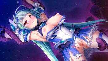 1girl antenna_hair aqua_hair armpits arms_up blue_hair blush breasts breasts_out censored chest_jewel closed_mouth dutch_angle exs-tia_aqua floating_headgear frills game_cg hair_ornament headgear imminent_rape kamitsurugi_ouka kouyoku_senki_exs-tia_concert kunijima_chiaki large_breasts large_variant_set leotard long_hair magical_girl mosaic_censoring multiple_others night nipples non-web_source official_art pussy pussy_juice red_eyes restrained shiny_skin skirt sky solo_focus star_(sky) starry_sky tentacles thighhighs torn_clothes torn_skirt twintails variant_set very_long_hair white_thighhighs