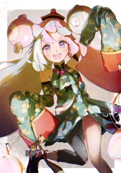 1girl absurdres anzu_(v0_0v_o0) bow-shaped_hair hair_ornament highres iono_(fall_2024)_(pokemon) iono_(pokemon) jiangshi jiangshi_costume long_hair multicolored_hair nintendo official_alternate_costume pink_hair pokemon pokemon_masters_ex smile teeth two-tone_hair