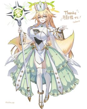 Rule 34 | 1girl, animal ear fluff, animal ears, blonde hair, breasts, bridal gauntlets, commentary request, dress, full body, gold shoes, gold trim, hair between eyes, highres, holding, holding staff, long hair, multiple tails, original, second-party source, see-through clothes, see-through sleeves, shoes, showgirl skirt, solo, staff, tail, thighhighs, tsukasa (ilqmplim), twitter username, white background, white dress, white thighhighs, yellow eyes