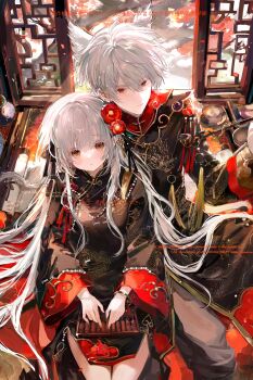 1boy 1girl :o absurdres animal_ears blunt_bangs blush chinese_clothes closed_mouth colored_eyelashes couple day dot_nose dress eyelashes fei_yi_yi flower hair_flower hair_ornament highres holding holding_smoking_pipe indoors long_hair long_sleeves looking_at_viewer open_window original red_eyes short_hair sitting smoking_pipe sunlight tassel watermark white_eyelashes white_hair window