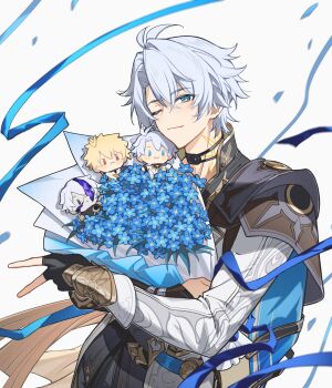 1boy absurdres antenna_hair arm_armor armor belt black_belt black_choker black_gloves black_pants blue_cape blue_eyes blue_flower bouquet cape character_doll choker closed_mouth commentary confetti cowboy_shot crossed_bangs doll english_commentary fingerless_gloves flame_reaver_of_the_deepest_dark floating_cape flower gloves gold_trim hair_between_eyes hei_lang highres holding holding_bouquet honkai:_star_rail honkai_(series) jacket leaf long_sleeves looking_at_viewer male_focus neck_tattoo one_eye_closed pants phainon_(honkai:_star_rail) phainon_(khaslana)_(honkai:_star_rail) short_hair shoulder_armor simple_background single_glove smile solo standing sun_symbol sun_tattoo tan tape tattoo two-sided_cape two-sided_fabric upper_body v white_background white_hair white_jacket yellow_cape yellow_pupils