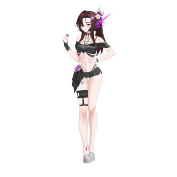Rule 34 | 1girl, abs, absurdres, anklet, antennae, belly, bracelet, breasts, brown hair, commission, commissioner upload, dusk (wayanfa), eyelashes, hair ornament, hand on own hip, highres, jewelry, knees, legband, navel, non-web source, original, petite, pink eyes, ponytail, rhan, shoes, small breasts, smile, solo, swimsuit, thighs, transparent background
