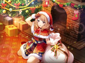 Rule 34 | 1girl, blonde hair, christmas, christmas present, christmas tree, fireplace, game cg, gift, gloves, hair ornament, hat, holding, holding sack, official art, parted lips, red eyes, red gloves, sack, santa costume, santa hat, shoujo kageki revue starlight, shoujo kageki revue starlight -re live-, sitting, solo, tanaka yuyuko, wariza