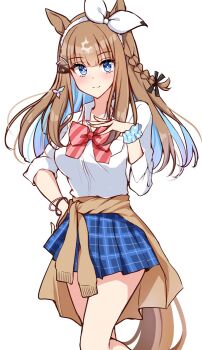 +_+ 1girl almond_eye_(umamusume) animal_ears blue_eyes blue_hair blue_skirt blush bow bow_hairband braid braided_sidelocks breasts brown_cardigan brown_hair cardigan cardigan_around_waist closed_mouth clothes_around_waist collared_shirt colored_inner_hair hair_between_eyes hair_ornament hairband hairclip highres horse_ears horse_girl horse_tail large_breasts long_hair looking_at_viewer multicolored_hair pleated_skirt red_bow scrunchie shirt simple_background skirt smile solo symbol-shaped_pupils tail umamusume white_background white_hairband white_shirt wrist_scrunchie x-shaped_pupils yukiya_(shiya)