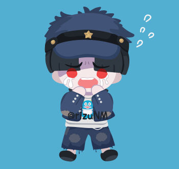1boy black_hair black_shoes blue_background blue_hat blue_jacket blue_pants crying crying_with_eyes_open flying_sweatdrops hands_up hat jacket looking_at_viewer male_focus maruko_gaku open_mouth pants patchwork_clothes red_eyes rizu_(rizunm) shirt shoes simple_background solo tears the_hundred_line_-last_defense_academy- visor_cap white_shirt
