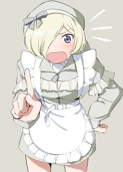 1girl absurdres apron blonde_hair blush commentary frilled_apron frills grey_background grey_jacket grey_shorts hair_over_one_eye hand_on_own_hip highres index_finger_raised jacket jersey_maid long_sleeves looking_at_viewer love_live! love_live!_nijigasaki_high_school_idol_club maid mia_taylor notice_lines official_alternate_costume one_eye_covered open_mouth purple_eyes scolding short_hair shorts simple_background solo sweatdrop uchuu_no_mozuku unconventional_maid waist_apron white_apron