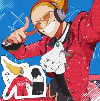 2boys aizawa_shota ascot black_hair black_vest blonde_hair blue_background boku_no_hero_academia facial_hair grin headphones highres jacket kaido_(kaido_ggg) male_focus multiple_boys multiple_views mustache orange-tinted_eyewear pants present_mic red_jacket red_pants rhinestone smile tinted_eyewear translation_request vest white_ascot