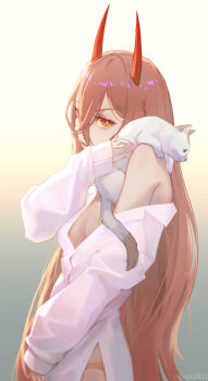 1girl animal animal_on_shoulder breasts cat cat_on_shoulder chainsaw_man demon_girl demon_horns hair_between_eyes horns long_hair long_hair_between_eyes meowy_(chainsaw_man) orange_eyes orange_hair orange_panties panties power_(chainsaw_man) red_horns shirt small_breasts solo tenshin_kagehisa underwear very_long_hair white_shirt