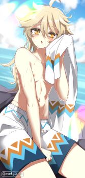 1boy absurdres aether_(genshin_impact) aether_(hot_springs)_(genshin_impact) blonde_hair blush genshin_impact hair_between_eyes hashtag-only_commentary highres holding holding_towel long_hair male_focus male_swimwear marky_evan multicolored_male_swimwear nipples open_mouth solo topless_male towel trap white_male_swimwear yellow_eyes