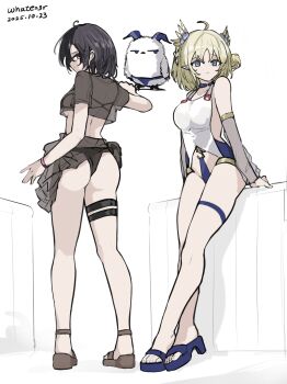 2girls absurdres ahoge artist_name ass bare_shoulders bikini bikini_under_clothes black_bikini black_hair blonde_hair blue_eyes blue_sandals breasts brown_sandals closed_mouth commentary_request dated detached_sleeves ex_astris hair_between_eyes highres long_hair looking_at_viewer manganese_(ex_astris) medium_breasts multiple_girls one-piece_swimsuit red_eyes sandals see-through_clothes see-through_shirt see-through_sleeves shirt simple_background smile swimsuit vi3_(ex_astris) whate=3r white_background white_one-piece_swimsuit yan_(ex_astris)