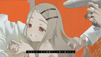 1boy 1girl absurdres bleeding blood brown_eyes colored_eyelashes commentary_request drying drying_another's_hair drying_hair from_side gakuen_idolmaster grey_hair hair_dryer hair_ornament hairclip hand_in_another's_hair hands_up highres holding holding_another's_hair holding_hair_dryer idolmaster jewelry long_hair looking_at_viewer lyrics oonouni open_mouth orange_background out_of_frame own_hands_together parallel_hairclips ring shinosawa_hiro sleeveless smile solo_focus upper_body zuutto_issho_(kitani_tatsuya)