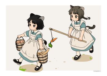 2girls akai_sashimi animal_ears apron aqua_dress artist_name black_eyes black_footwear black_hair border braid brown_eyes brown_hair bucket buttons carrot carrot_on_stick cat_ears cat_girl cat_tail collared_dress dress eel full_body grey_background holding holding_bucket holding_stick long_hair mary_janes multiple_girls original outside_border pantyhose shoes short_hair short_sleeves simple_background standing stick tail walking white_apron white_border white_pantyhose
