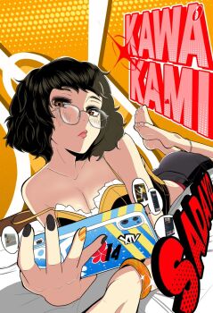 1girl bare_shoulders bracelet breasts brown_hair cellphone character_name collarbone feet glasses jewelry kawakami_sadayo lips may_(may_lee8) nail_polish persona persona_5 phone solo toes