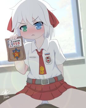 1girl absurdres blush child female_focus hammer_and_sickle highres id_card indonesia looking_at_viewer original panties russia school_uniform shikiki sitting solo soviet thighhighs underwear white_hair white_panties