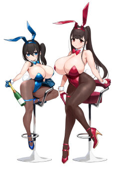 2girls alcohol animal_costume animal_ears bar_stool bare_shoulders black_hair blue_bow blue_bowtie blue_eyes blue_footwear blue_gloves blue_hairband blue_leotard blunt_bangs bottle bow bowtie breasts brown_hair brown_pantyhose champagne cleavage curvy detached_collar detached_sleeves facing_viewer fake_animal_ears fake_tail frown full_body gigantic_breasts gloves hair_between_eyes hairband half_gloves high_heels highleg highleg_leotard highres holding holding_bottle hug huge_breasts leotard light_smile long_hair looking_at_viewer multiple_girls narrow_waist omizu_(h2o) original pantyhose playboy_bunny ponytail rabbit_costume rabbit_ears rabbit_tail red_bow red_bowtie red_eyes red_footwear red_gloves red_leotard revealing_clothes bad_tag shoes side_ponytail simple_background sitting stool tail thigh_strap twintails white_background wide_sleeves