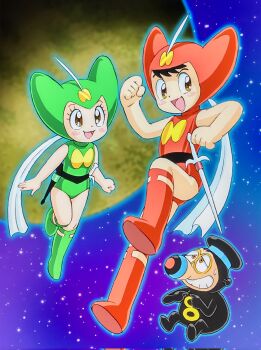 1girl 2boys bare_arms belt big_nose black_belt black_bodysuit black_hair bodysuit boots bouken_ruby brown_eyes chikuwaa_(bouken_ruby) commentary_request green_boots green_leotard grin hand_up highres index_fingers_together knee_boots kuriko_(bouken_ruby) leotard looking_at_another mizutani_kenta moon multiple_boys open_mouth orange_eyes red_boots red_leotard rubio_(bouken_ruby) scarf short_hair small_sweatdrop smile space star_(sky) sword weapon white_scarf