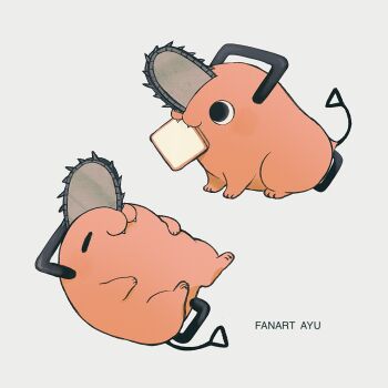 Rule 34 | :3, artist name, ayu (mog), bread, bread slice, chainsaw, chainsaw man, closed eyes, commentary request, creature, creature focus, fangs, food, grey background, multiple views, no humans, pochita (chainsaw man), simple background, toast