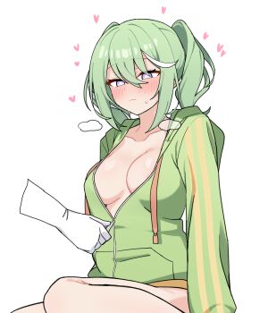 1girl 1other absurdres arm_at_side blush breasts bright_pupils closed_mouth collarbone commentary disembodied_hand green_hair green_jacket hair_between_eyes heart highres jacket korean_commentary large_breasts long_bangs long_sleeves loving_aura maksagwa medium_hair multicolored_hair naked_jacket purple_eyes simple_background solo_focus steam stellive streaked_hair sweat unzipping virtual_youtuber white_background white_pupils yuzuha_riko