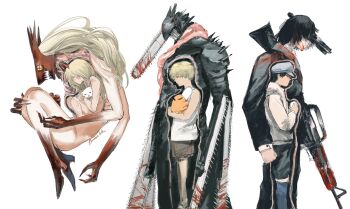 1girl 2boys aged_down animal animal_hug assault_rifle black_hair black_pants blood blood_devil_(chainsaw_man) blood_on_clothes blood_on_face blood_splatter bloody_weapon cat chainsaw chainsaw_devil chainsaw_man cross-shaped_pupils demon_girl demon_horns formal_clothes from_side gun gun_devil_(chainsaw_man) hair_between_eyes hat highres holding holding_snowball horns hug long_hair meowy_(chainsaw_man) monotone_ink monster multiple_boys pants peaked_cap pochita_(chainsaw_man) power_(chainsaw_man) red_horns rifle sharp_teeth shirt short_hair snowball suit symbol-shaped_pupils teeth topknot weapon white_background