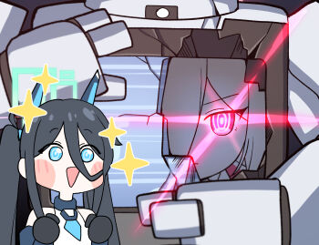 Rule 34 | 2girls, absurdly long hair, aqua halo, aris (blue archive), aris (mecha suit) (blue archive), black hair, blue archive, blue necktie, broken screen, commentary request, glowing, glowing eye, hair between eyes, halo, headgear, highres, kei (amas) (blue archive), kei (blue archive), kei (new body) (blue archive), korean commentary, long hair, long hair between eyes, mecha musume, monitor, multiple girls, necktie, non-humanoid robot, official alternate costume, pangtanto, rectangular halo, red eyes, ringed eyes, robot, screen, sparkle, very long hair