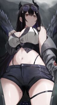 Rule 34 | 1girl, absurdres, asymmetrical horns, black hair, black shorts, black wings, blue hair, breasts, canvas sensei, closed mouth, colored inner hair, crop top, demon horns, eyewear on head, grey sky, highres, hololive, hololive english, horns, jailbird (nerissa ravencroft), large breasts, long hair, looking at viewer, mole, mole on thigh, mole under eye, multicolored hair, navel, nerissa ravencroft, panty straps, red eyes, short shorts, shorts, sky, solo focus, stomach, sunglasses, sweat, thigh strap, two-tone hair, uneven horns, very long hair, virtual youtuber, whale tail (clothing), wings