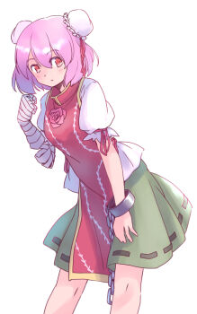 1girl bandaged_arm bandages blush commentary_request double_bun feet_out_of_frame flower flower_on_chest green_skirt hair_bun ibaraki_kasen knees one-hour_drawing_challenge parted_lips pink_flower pink_hair puffy_short_sleeves puffy_sleeves rangycrow red_eyes red_ribbon red_tabard ribbon shirt short_hair short_sleeves sideways_glance simple_background skirt solo tabard touhou vine_print white_background white_shirt