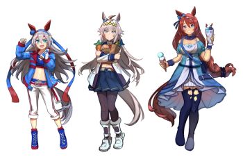 3girls ahoge animal_ears bag belt blue_bag blue_boots blue_dress blue_eyes blue_hairband blue_jacket blue_scarf blue_sports_bra blush boots bottle bow braid breasts brooch brown_hair carrot commentary crop_top dress ear_bow ear_covers ear_ornament english_commentary fingerless_gloves food gloves grey_hair grey_tail grocery_bag hair_between_eyes hairband headband holding holding_bottle holding_food holding_ice_cream_cone horse_ears horse_girl horse_tail ice_cream_cone jacket jewelry large_breasts lightning_bolt_print lightning_bolt_symbol long_hair long_sleeves looking_at_viewer martypcsr midriff milkshake multicolored_hair multiple_girls navel neckerchief oguri_cap_(starlight_beat)_(umamusume) oguri_cap_(umamusume) open_mouth pants red_belt red_headband red_neckerchief sailor_collar scarf shirt shopping_bag simple_background skirt smile sports_bra star_brooch streaked_hair striped_clothes striped_hairband super_creek_(murmuring_stream)_(umamusume) super_creek_(umamusume) tail tamamo_cross_(umamusume) tamamo_cross_(with_lightning_speed)_(umamusume) thigh_boots umamusume umamusume:_cinderella_gray very_long_hair water_bottle white_background white_gloves white_hair white_pants white_shirt wrist_cuffs