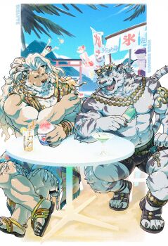 1girl 4boys abs animal_ears bara black_shorts blue_shorts blue_sky claws cloud cocktail_glass commentary copyright_name cup dislyte drinking_glass drinking_straw english_commentary english_text eyewear_on_head fangs flip-flops food fox_boy furry furry_male gamubear glass heart highres holding holding_food holding_popsicle holding_spoon ife_(meretseger) javid_(shamash)_(dislyte) javid_(shamash)_(ventus_waltz)_(dislyte) jewelry jin_qiu_(ru_shou)_(wild_python)_(dislyte) lion_boy lion_ears lion_mane lion_tail male_focus mountain multiple_boys muscular muscular_male necklace nipples open_mouth palm_tree pawpads pectorals popsicle ryota_(inarinokami)_(dislyte) sandals scar scar_across_eye scar_on_face shark_boy shaved_ice shorts sky smile spoon sunglasses tail tetsuya_(akuru)_(dislyte) tiger_boy tiger_ears tiger_stripes tiger_tail topless_male torii tree volleyball